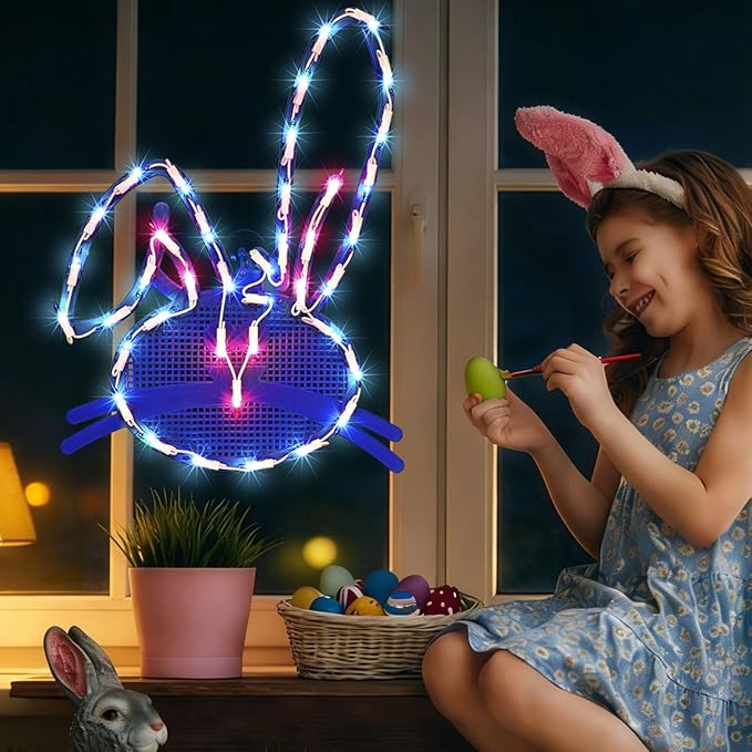 17" 40LED Lighted Blue Bunny Easter Decor - UL Certified, Gentle Warm Glow, Window & Hanging Decor, Cozy Mantel Accent, Delicate Gift Box Packed