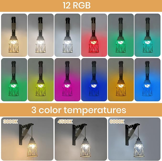 SEEBLEN Battery Operated Wall Sconce Set of Two, 12 RGB Colors Wireless Rechargeable Wall Light with Remote Control, Dimmable Farmhouse Wood Wall Lamp for Bedroom Living Room.