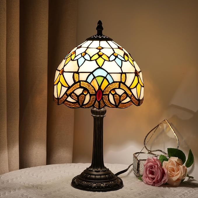 Tiffany Table 8 Inch Small Stained Glass Table Lamp Retro Baroque Reading Light, Suitable For Bedrooms Living Rooms Offices Study Rooms Tiffany Style Retro Home Decoration Crafts (Yellow, Brown)