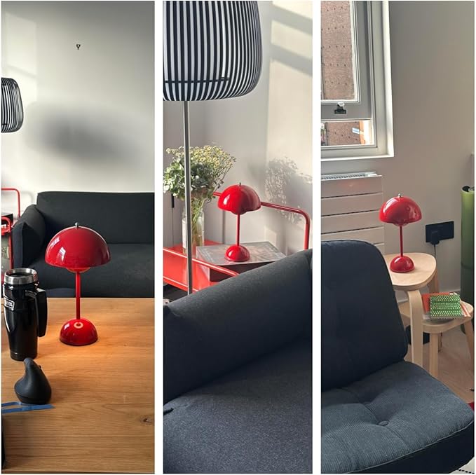 Modern Flower Bud Lamp 12" Cordless Touch Lamp Dimmable 2600mAh Rechargeable Desk Lamp Nordic Minimalist Mushroom Lamp Nightstand Bedside Lamp for Bedroom Living Room(Vermilion Red) No Reading Light