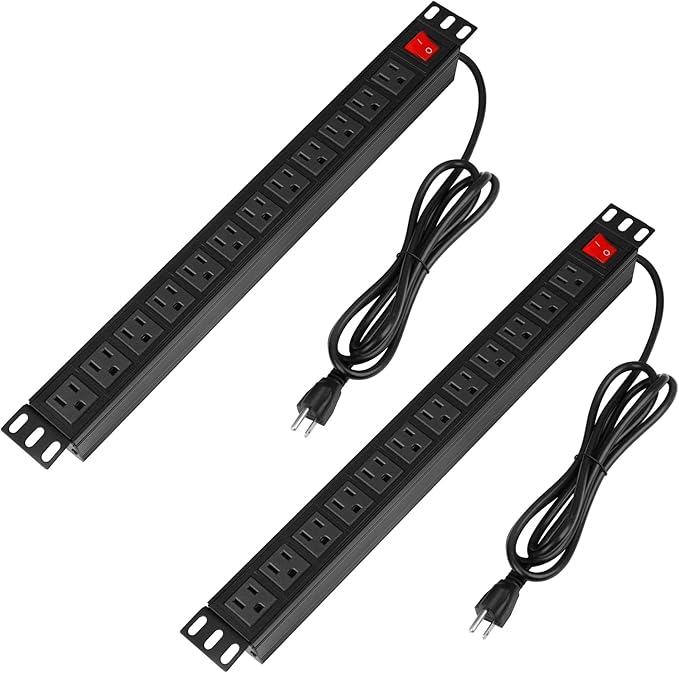 BTU 2PCS Power Strip Surge Protector Rack-Mount PDU, 12 Outlet Power Strips with Switch, Metal Mountable Power Strip Heavy Duty for Server Racks, Garage Shop, Industral Commercial