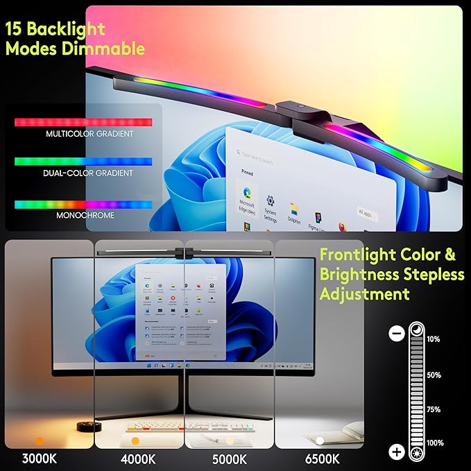 Quntis Curved Monitor Light Bar 15 RGB Backlight for 34"+ Screens, Computer Bar Lights Fold Dual Light with Color Temperature Brightness Stepless Dimming, No Glare Desk Lamp for Home Office Gaming