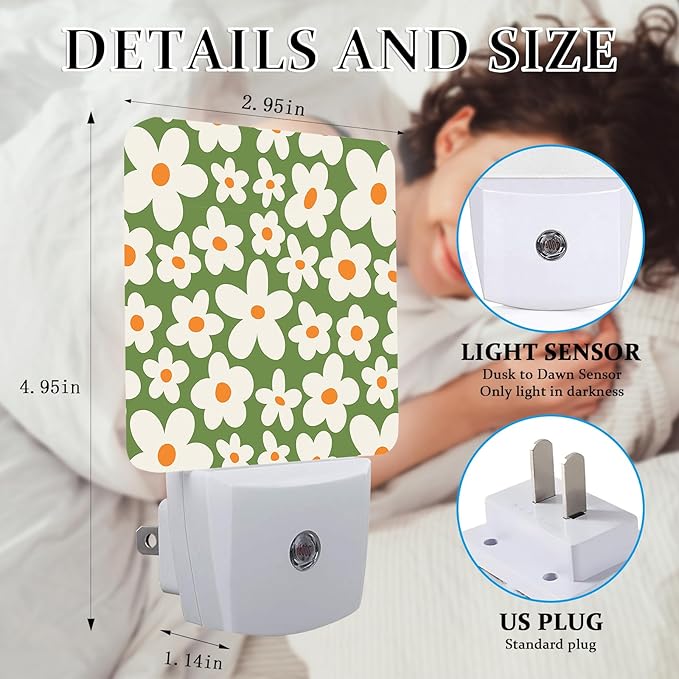 Retro 70's Goovy Flowers Night Light, Plug-into Wall Retro Daisy Flower Nightlight Lamp with Dusk to Dawn Sensor, Led Lamp 0.5W Energy Efficient for Boys Girls Adults Home Decor