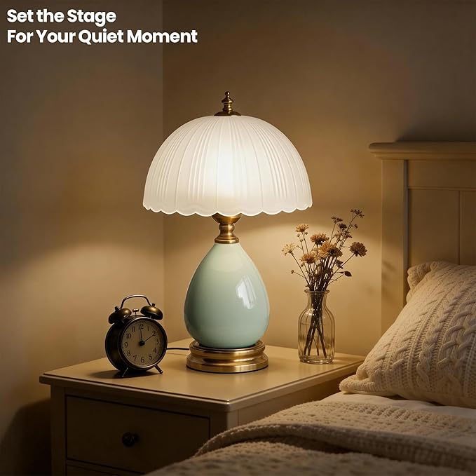 Decorative Ceramic Table Lamp with Frosted Glass Shade, Small Bedside Nightstand Lamp with Dimmable Light, 6ft Cord, E26 Bulb Included for Bedroom & Living Room