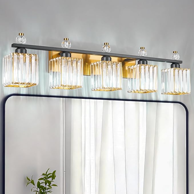 Vanity Lights 5-Light Modern Crystal Vanity Light Black Gold Bathroom Light Fixtures Over Mirror Crystal Bathroom Vanity Lighting Fixtures
