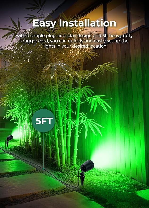Halloween Spotlights Outdoor, 120V Plug-in Christmas Spot Light, 5000K LED Landscape Lighting with 5 Color Lenses (Red Green Blue Purple Yellow), IP67 Waterproof, 4 Pack