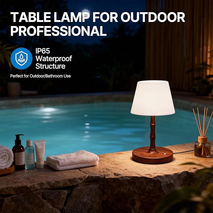 Wireless Waterproof Table lamp, Adjustable Light, 3 Types Suitable for Office, Bedroom, Bathroom Lights, Garden Camping Restaurant LED Night Light, Wood Grain Design (Brown)