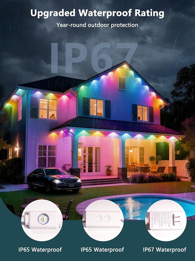 100FT Permanent Outdoor Lights Pro, RGBIC Smart Eave Lights with App/Remote Control, IP67 Waterproof, 44 Scene Modes with 40lm RGB for Outdoor Decorations, Christmas, Halloween