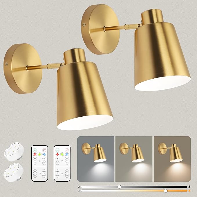 Gold Wireless Battery Operated Wall Sconces, Industrial Cordless Battery Powered Led Wall Lights Set of 2, Vintage Wall Lamp Fixture Indoor with Remote Control for Bedroom, Bathroom, Hallway