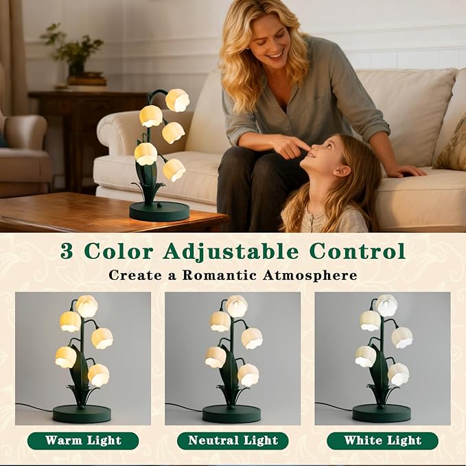 Flower Table Lamp, Lily of The Valley Lamp for Bedside Accent 3 Color Modes Cottagecore Soft Reading Night Light for Bedroom, Corner, Dorm, Entrance Home Vintage Decor (Dark Green)