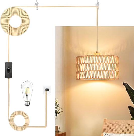 Plug in Pendant Light Rattan Hanging Lamp, Boho Hanging Lights with Paper Woven & Fabric 2 in 1 Shade, 3-Way Dimmable Bulb Included, Ceiling Light Fixture for Living Room,Bedroom,Farmhouse