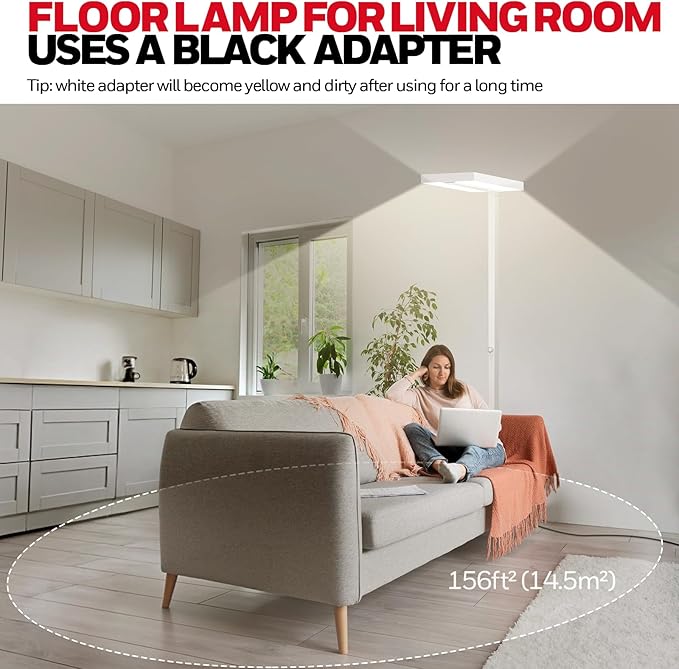 Honeywell 8000LM LED Floor Lamp, 02E Gen Sunturalux Eye-Caring Reading Standing Light, 80W Modern Natural Daylight 4000K Dimmable 77" Tall Floor Lamps for Living Room Kids Study Home Office White