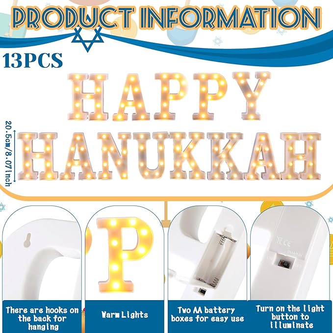 13 Pcs Happy Hanukkah Large LED Letter Sign LED Lights Battery Powered Jewish Table Decoration for Chanukah Party Jerusalem Party Decor