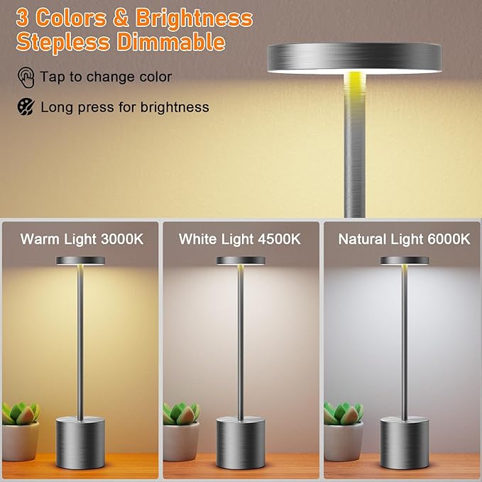 SAKRINGT Cordless Table Lamps Rechargeable,6000mAh Portable Battery Operated LED Table Light for Restaurant Outdoor 2 Pack Grey