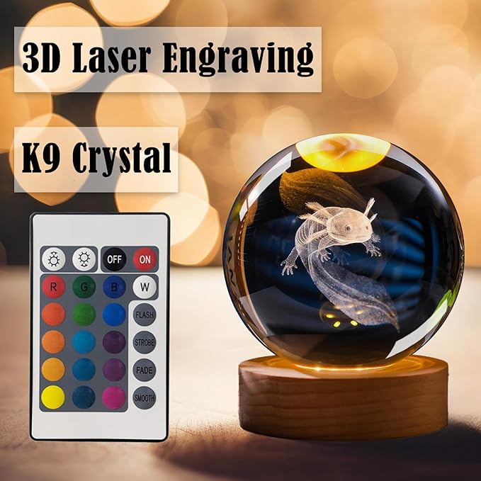 3D Axolotl Crystal Ball 3.15" with LED Lamp Colorful Wooden Base Night Light with Removable Glow Ball Color Changing Light with Remote as a crystal ball for Boy Friends (5-Axolotl, 3.15" (Inch))