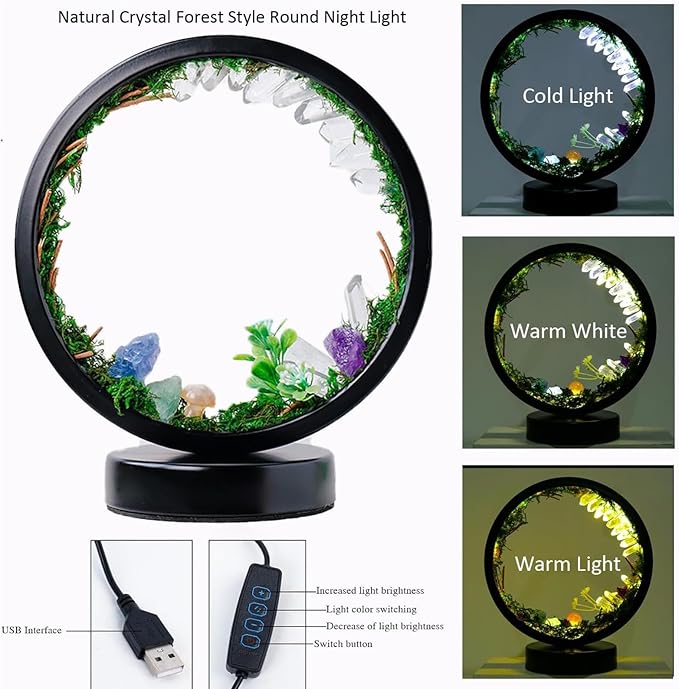 Runyangshi Forest Style Bedroom Night Light USB Port 3 Colours Dimming Mode Bedside Lamp Natural Clear Quartz Single Crystal Healing Crystal Night Lamp for Bedroom Office Home Decor Gift