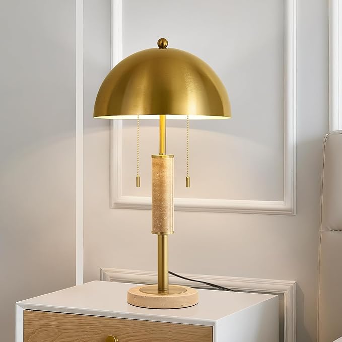 KAISITE 24" Modern Table Lamp for Living Room Gold Metal Nightstand Lamp with High-Grade Decorative Travertine Mid Century Table Lamp for Bedroom Side Table Bedside End Table