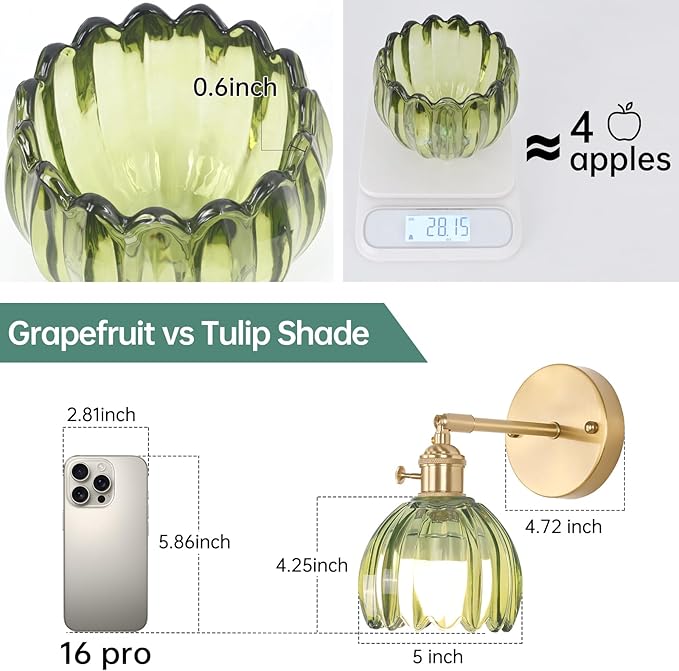 Vintage Battery Operated Wall Sconce with Cute Green Tulip Glass Lampshade Wireless Rechargeable Battery Powered Wall Light with Remote Control for Bedside Bedroom Doorway, Set of 2