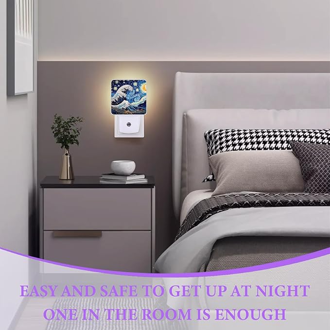 Japanese Sea Waves Night Light,Plug-in Night Lights with Dusk-to-Dawn Sensor for Bedroom,Bathroom and Living Room Sleep Friendly lamp 0.5w