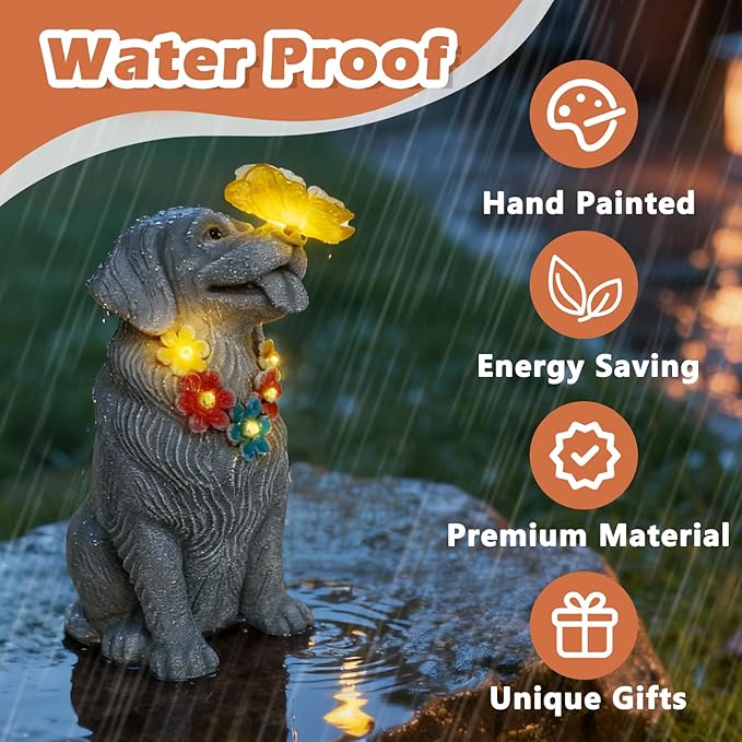Dog Garden Statue with Solar Butterfly Light - Adorable Labrador Figurine with Flower Garland - Outdoor Decor for Patio & Pet Memorial Gift - Christmas Housewarming Birthday Gifts for Grandma Mom