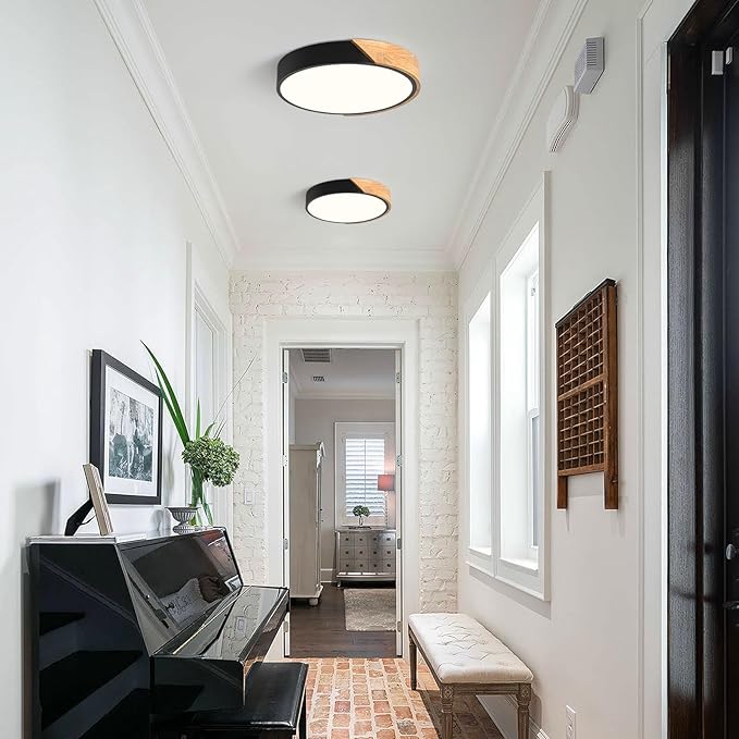 Modern Dimmable Black Flush Mount Ceiling Light Wood Close to Ceiling Lights for Bedroom Round Ceiling Lamp Lighting Fixture for Hallway Kitchen Laundry Room(11.8in)