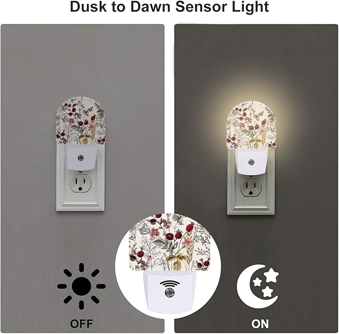 Vintage Flowers Butterfly Night Light, Watercolor Floral Dusk to Dawn Night Light Plug in,0.5w Energy Saving Sleep Friendly NightLight for Kids Boys Girls Home Decor