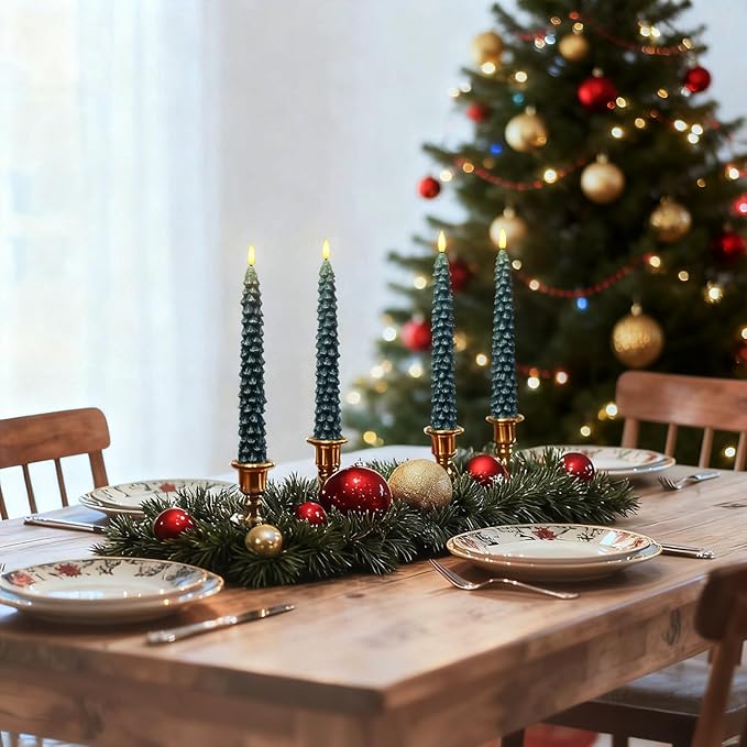 Christmas Decorations Indoor, Christmas Decor - Christmas Tree Taper Flameless Candles Battery Operated with Remote Timer, Xmas Candlesticks Home Table Mantel Room Decor, Wax, Set of 2(Green&White)