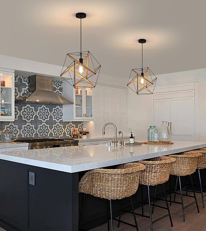 AMZASA Black Geometric Art Deco Hanging Pendant Light Metal and Wood Modern Industrial Chandelier Light Fixture for Dining Room Kitchen Island Arts Center Yoga Studio,Need Assemble UL Listed