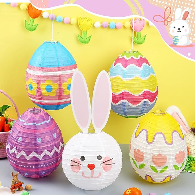 DECYOOL 12 Pieces Pastel Paper Lanterns, 8 Styles of Easter Egg Lanterns 4 Styles of Rabbit Lanterns Colorful Hanging Lantern Decor for Parties, Classroom Home Indoor Outdoor Celebrations