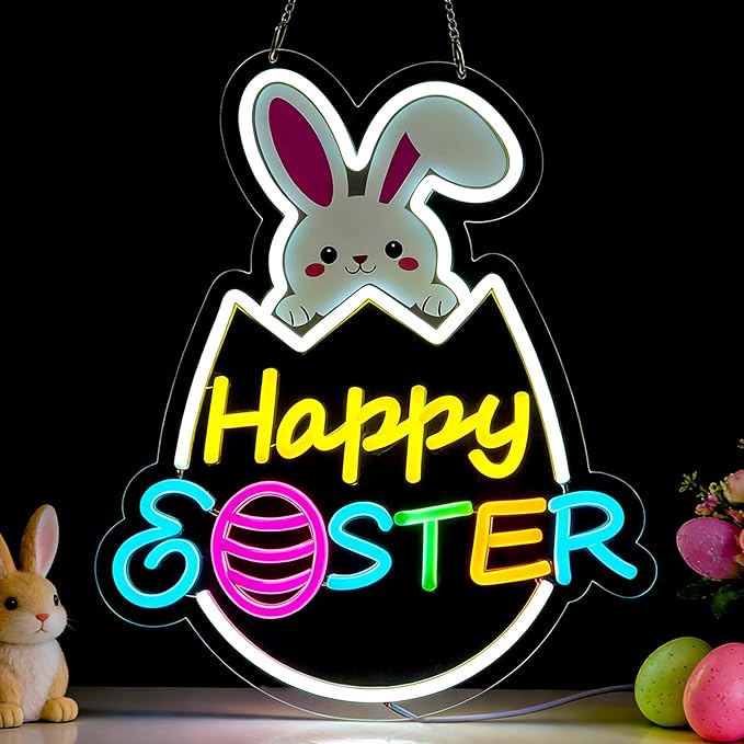 Easter Decorations LED Neon Sign 15 In Happy Easter Neon Sign LED Rabbit Egg Window Lights Home Party Indoor Outdoor Wall Bunny Decor Light Up Sign for Bedroom Easter Birthday Party Decor