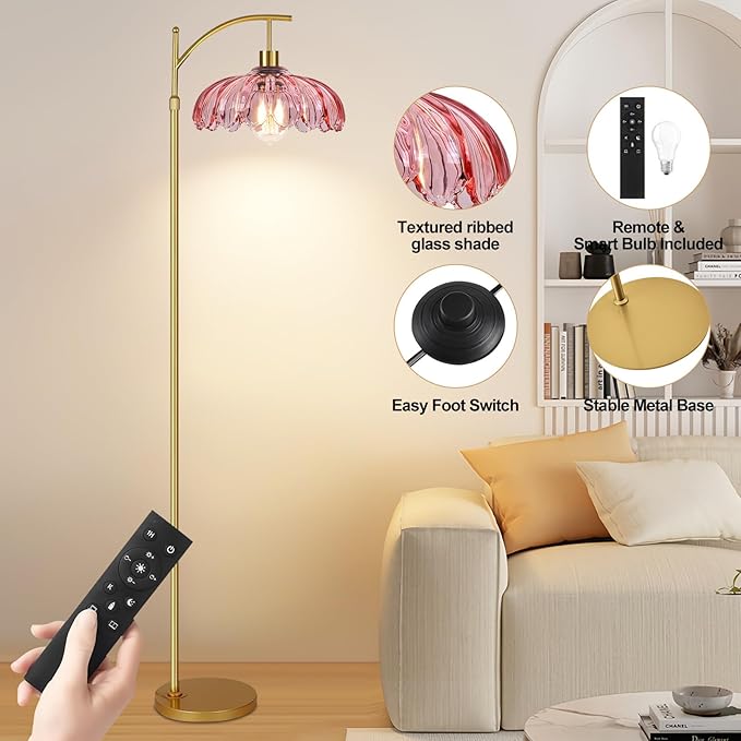 Pink Floor Lamp for Living Room,Bedroom,Glass Mid Century Modern Standing Lamp with Remote,Dimmable Gold Tall Lamp Vintage Arc Floor Lamps Flower Girls Kids Light Boho Bohemian