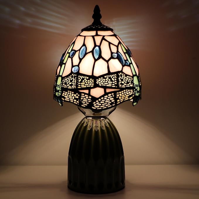 Stained Glass Mushroom Table Lamps 6X6X12.5 Inch Pink Dragonfly Style Small Night Light Ceramic Base Mini Accent Desk Light Suitable for Bedside Table Bedroom Children Room