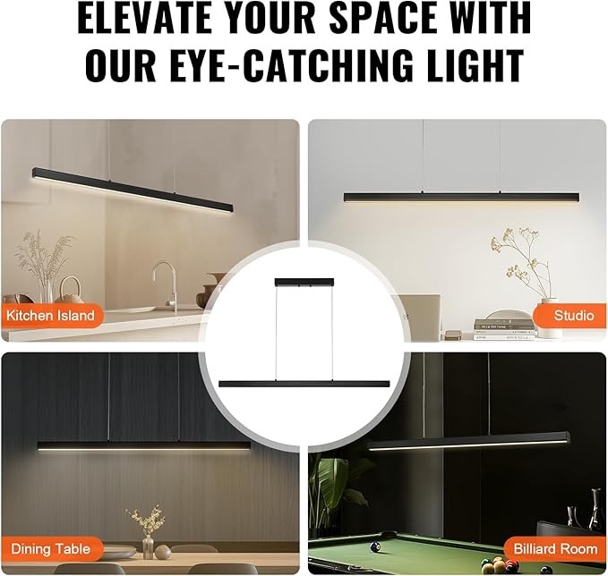 VEVOR Dimmable Linear Pendant Light, 20W, 47 in LED Linear Light Fixture Chandelier with Acrylic Lampshade 3000K / 4000K / 6500K Color Temperature Adjustable Height, for Dining Room Kitchen Island
