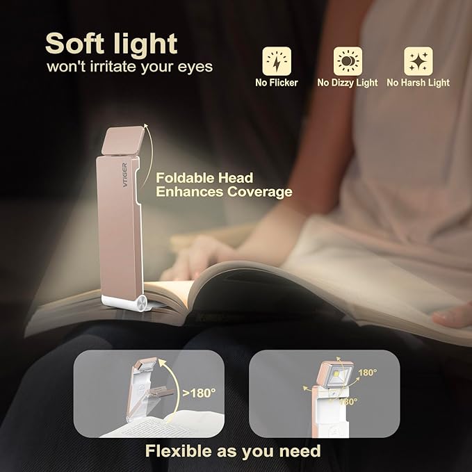 VTIGER Reading Light, USB Rechargeable Book Light for Reading in Bed,Foldable Clip-on LED Booklight, 3 Amber Colors & 4 Brightness Dimmable,Long Lasting Portable Bookmark Lamp for Book Lovers, Kids
