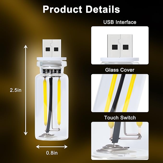 Car USB Night Light Touch Dimmable - 2-Pack Retro LED Filament Lamp for Truck Interior, Bedroom & Camping | Glass Bottle Ambiance Lighting (Yellow)