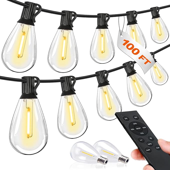 Tenmieo 100FT LED Outdoor String Lights with Remote, 35+ 1 Shatterproof Bulbs Waterproof and Dimmable Patio Lights for Porch, Garden, Backyard, Deck, Balcony, 2700K Hanging Lighting