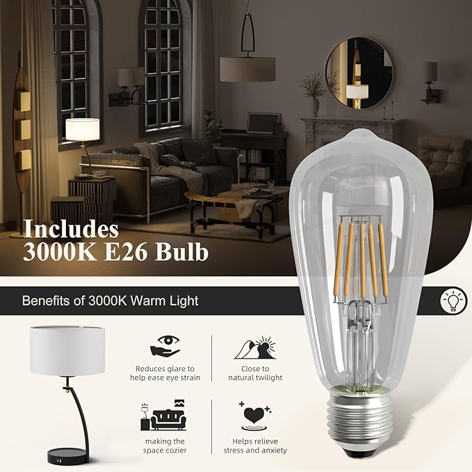 Bedside Table Lamp - 3-Way Dimmable Touch Lamps for Bedroom, Black Nightstand Lamp with USB C+A Charging Ports, Simple Modern Side Lamps for Living Room, Entryway, Hallway, Bulb Included
