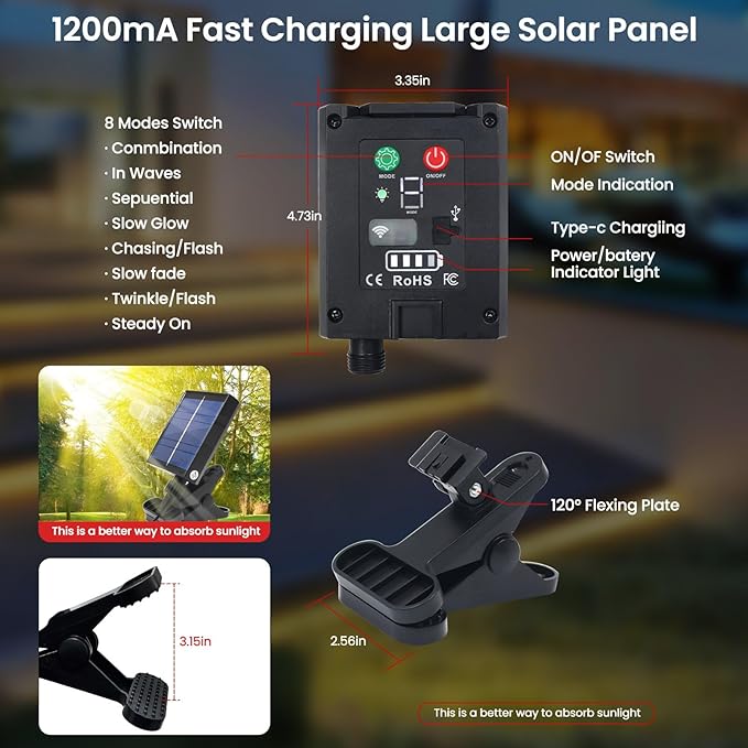 KISUFU 12V COB LED Strip Light with Solar Panel, 320LEDs/m IP68 Waterproof Flexible Dimmable Led Lights with Solar USB Controller Clips for Outdoor Garden, Garage, Eaves, Decoration.