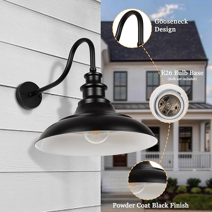 Exterior Farmhouse Gooseneck Barn Light, 16 Inch Vintage Outside Garage Light Fixtures, 4PCS Anti-Rust Waterproof Outdoor Light for Patio Frontdoor Entryway Doorway, Matte Black