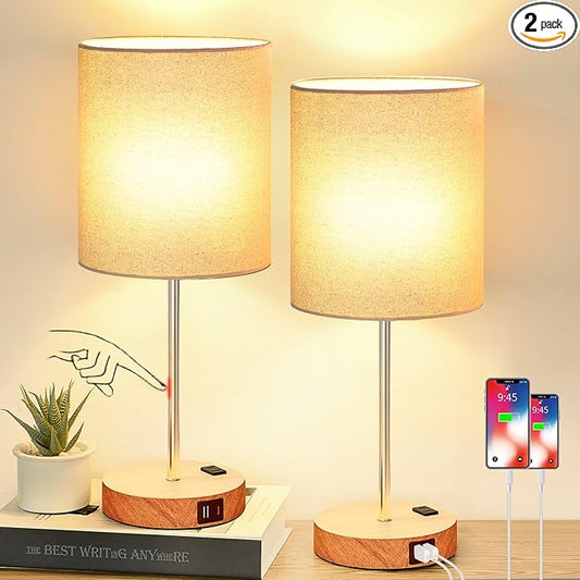 Lynnoland Set of 2 Touch Wood Table Lamps, Bedroom Lamps with 2 USB AC Outlet, 3-Way Dimmable Bedside Nightstand Lamps for Bedroom Living Room Nursery, 800 Lumens 2700K Bulbs Included