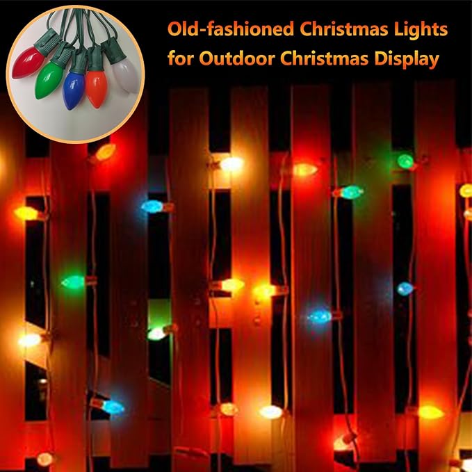 C9 Multicolor Vintage Christmas Lights, 25Ft with 25 Multicolor Ceramic Bulbs, Outdoor Christmas Lights for Patio, Roofline, Wedding, Party Decorations
