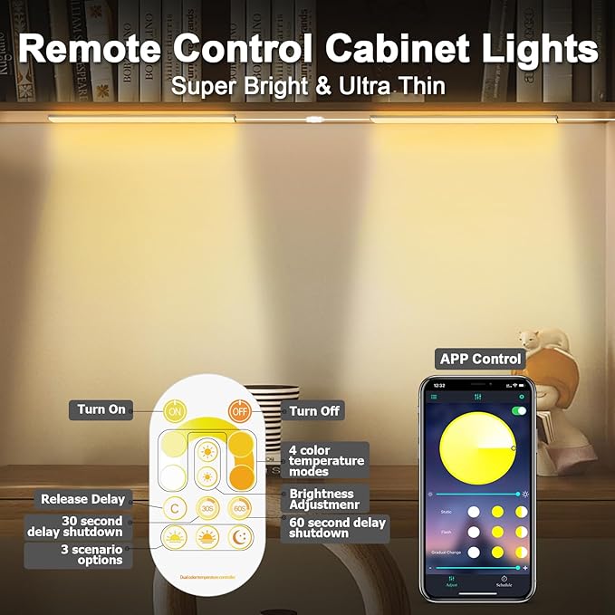Daymeet Under Cabinet Lights, Bright Ultra Thin 12 Inch LED Cabinet Lighting Under Cabinet Light for Kitchen, 3 Color with Remote and APP Control, USB LED Lights for Closet, Home(2 Pack)