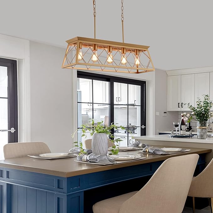 Q&S Modern Farmhouse Chandelier Light Fixtures,5-Lights Gold Linear Industrial Light Fixtures for Kitchen Island Bar Dining Table UL Listed
