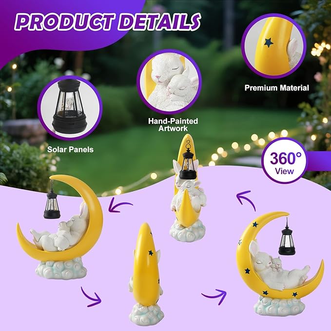 Easter Gift for Mom – Solar Powered Mother & Baby Rabbit Garden Light on Moon, Warm White LED Resin Statue for Yard and Patio | Mother's Day Gardening Gift