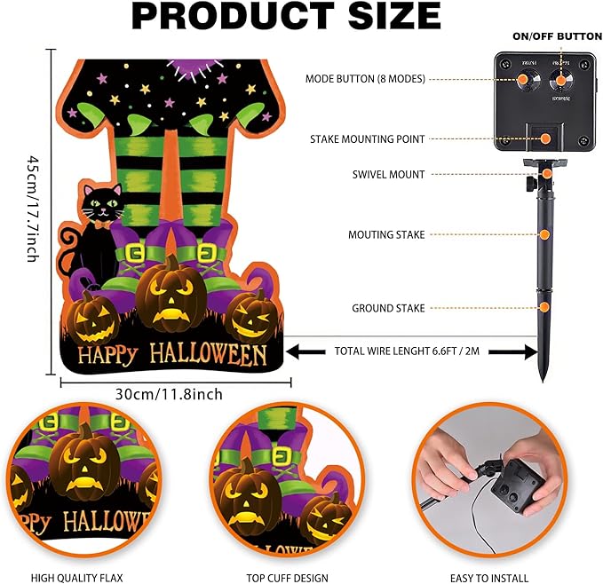 Halloween Solar Lighted Garden Flag Double Sided 12x18 Inch - 8 Lighting Modes LED Outdoor Yard Decoration for Porch, Home, Lawn Halloween Decor - Witch Feet and Pumpkin