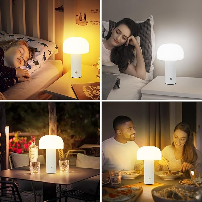 Cordless Mushroom Table Lamp Rechargeable,4000mAH Portable Battery Operated Lamp,3 Color Stepless Dimming Modern Lamps for Bedside Lamps,Touch Dimming Night Light for Home/Restaurant White
