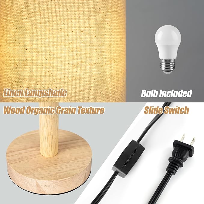 Small Table Lamp for Bedroom, Nightstand Lamp Linen Lampshade Bedroom Wood Base Small Bedside Lamp for Night Stands, Desk Lamps for Reading Living Room, Office (LED Bulb Included) (Wood Base)