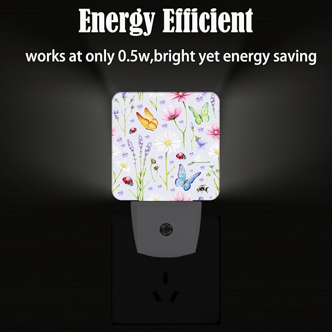 Wild Flowers and Insects Butterflies Night Light,Plug Into Wall for Boys Girls Bedroom Decorative Square Night Light Lamp 0.5w Sleep Friendly