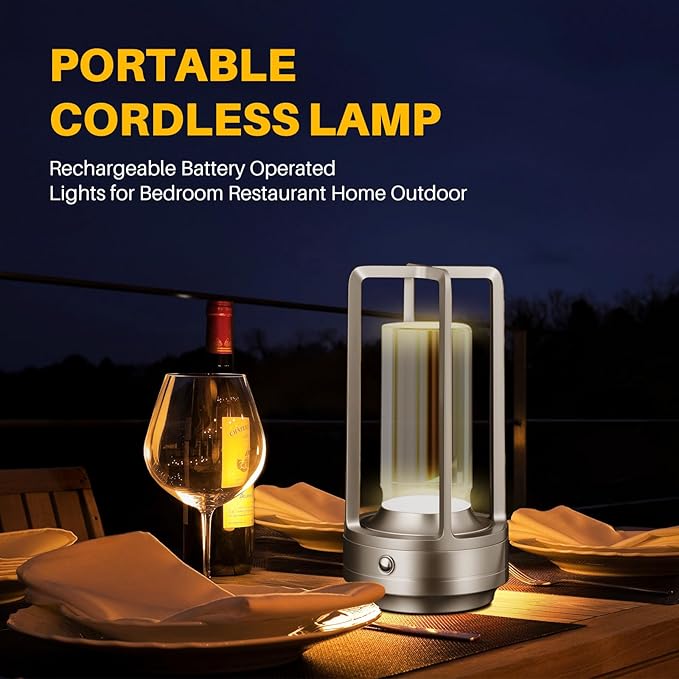 Rechargeable Table Lamp Cordless, Portable Metal Table Lamp 3 Color | Crystal | Stepless Dimming, for Bedroom, Cafe, Camping, Bar, Dining Table, Restaurant