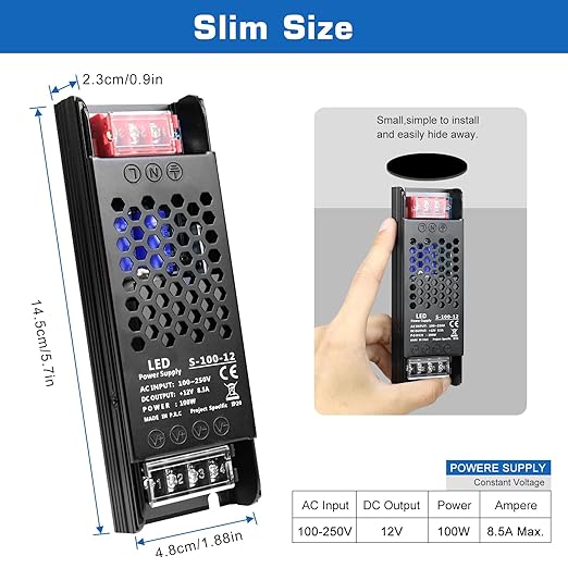 LED Driver 12V 100W 8.3A Slim Power Supply, AC 100-250V to DC 12V Adapter, Constant Voltage Transformer for Strip Lights, Bulbs, Garden and Cabinet Lighting